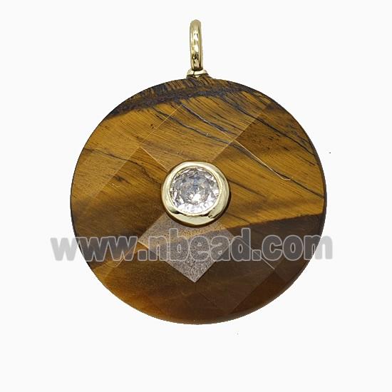 Natural Tiger Eye Stone Circle Pendant Pave Zirconia Faceted