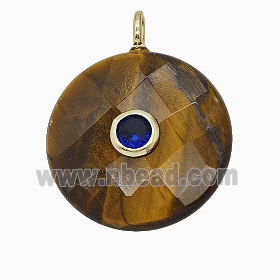 Natural Tiger Eye Stone Circle Pendant Pave Zirconia Faceted