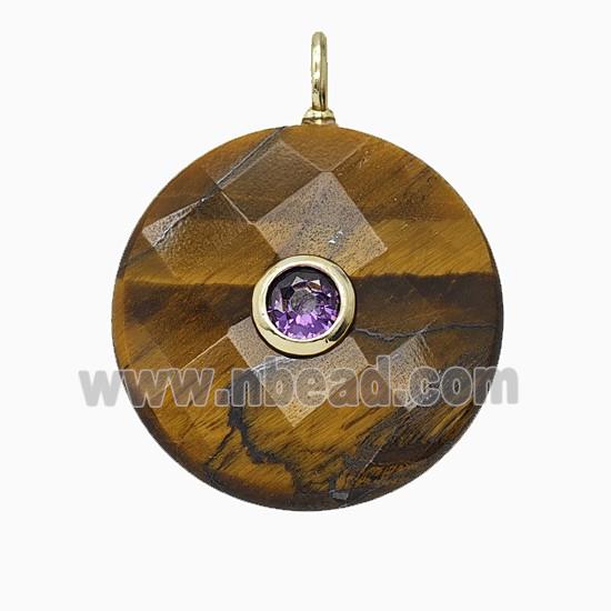 Natural Tiger Eye Stone Circle Pendant Pave Zirconia Faceted