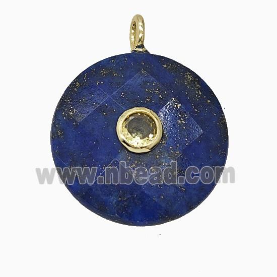 Natural Blue Lapis Lazuli Circle Pendant Pave Zirconia Faceted