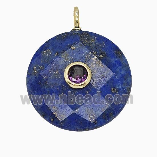 Natural Blue Lapis Lazuli Circle Pendant Pave Zirconia Faceted