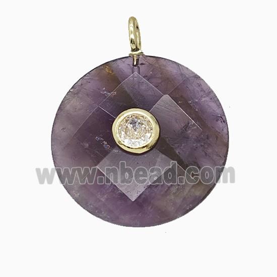 Natural Purple Amethyst Circle Pendant Pave Zirconia Faceted