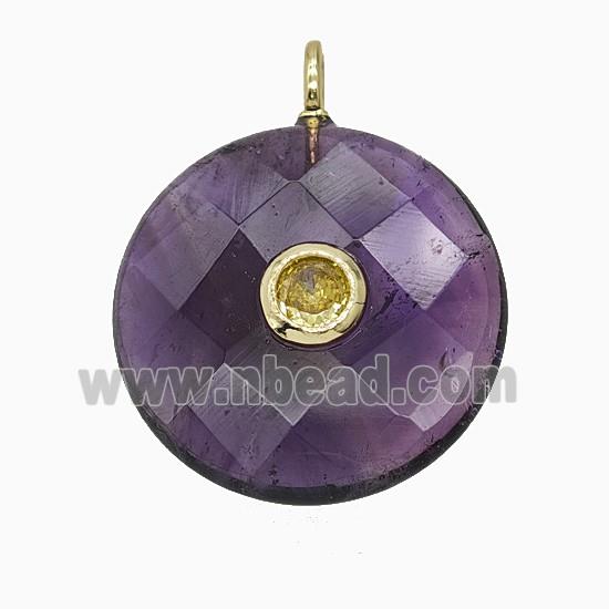 Natural Purple Amethyst Circle Pendant Pave Zirconia Faceted
