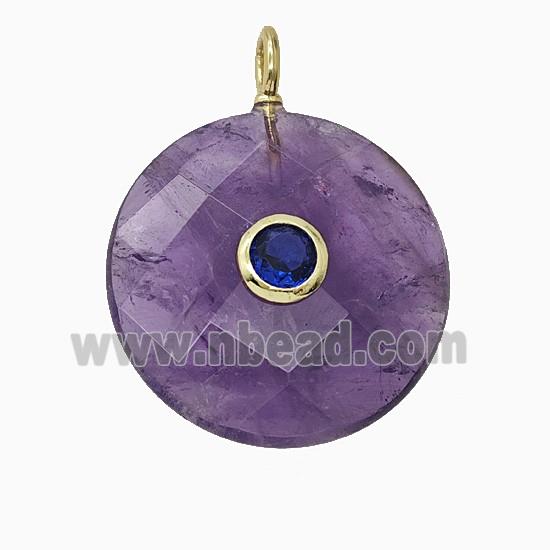 Natural Purple Amethyst Circle Pendant Pave Zirconia Faceted