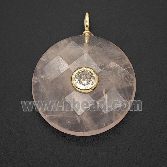 Natural Pink Rose Quartz Circle Pendant Pave Zirconia Faceted