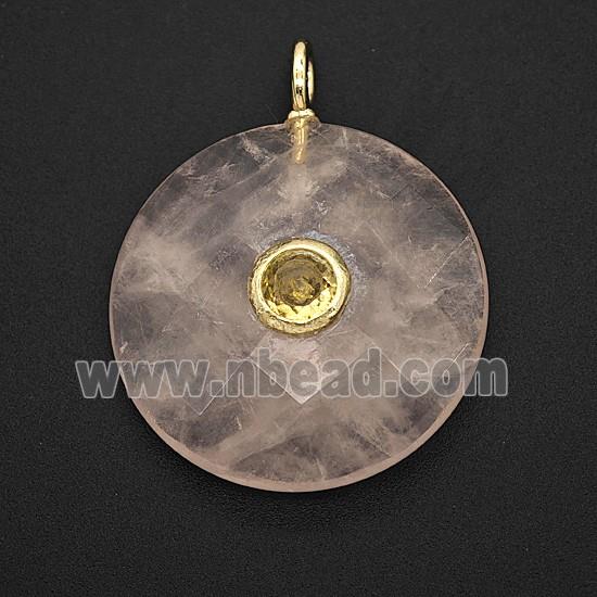 Natural Pink Rose Quartz Circle Pendant Pave Zirconia Faceted
