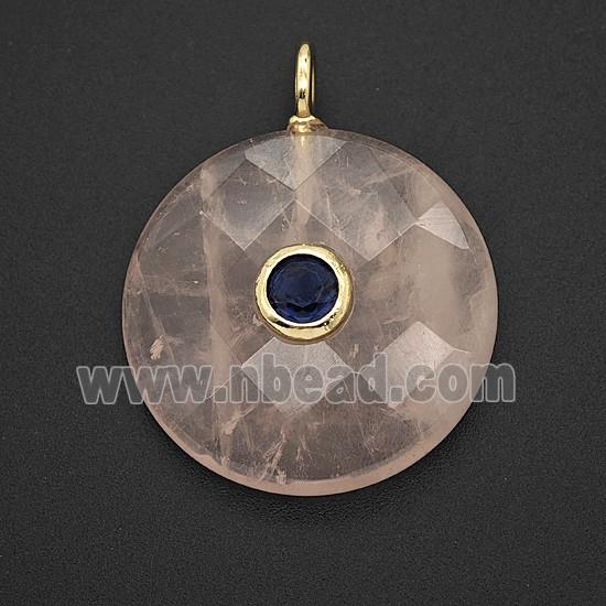 Natural Pink Rose Quartz Circle Pendant Pave Zirconia Faceted