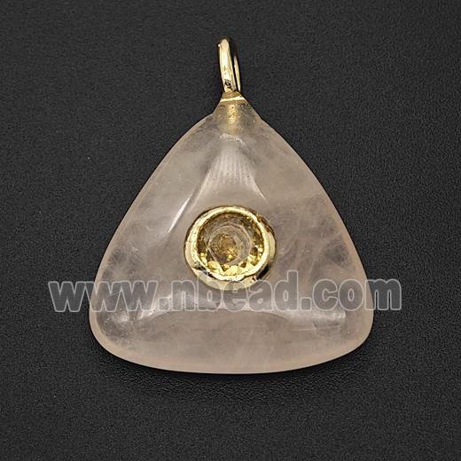 Natural Pink Rose Quartz Triangle Pendant Pave Zirconia