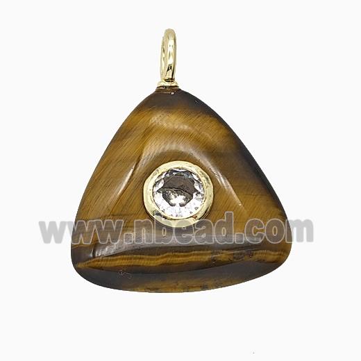 Natural Tiger Eye Stone Triangle Pendant Pave Zirconia