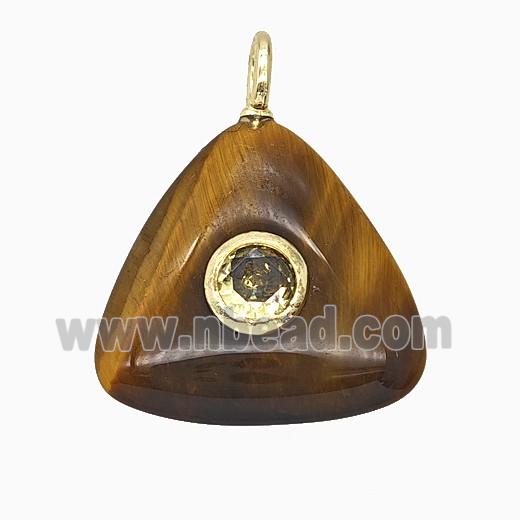 Natural Tiger Eye Stone Triangle Pendant Pave Zirconia