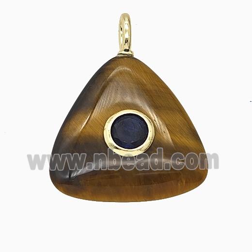 Natural Tiger Eye Stone Triangle Pendant Pave Zirconia