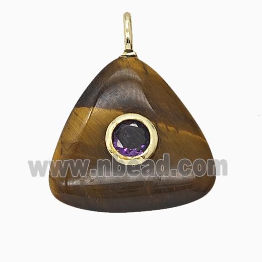 Natural Tiger Eye Stone Triangle Pendant Pave Zirconia