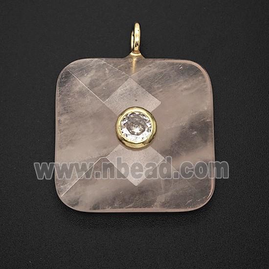 Natural Pink Rose Quartz Square Pendant Pave Zirconia Faceted