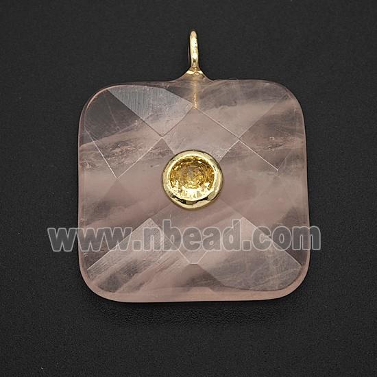 Natural Pink Rose Quartz Square Pendant Pave Zirconia Faceted
