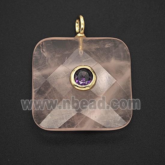 Natural Pink Rose Quartz Square Pendant Pave Zirconia Faceted