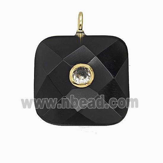 Natural Black Obsidian Square Pendant Pave Zirconia Faceted