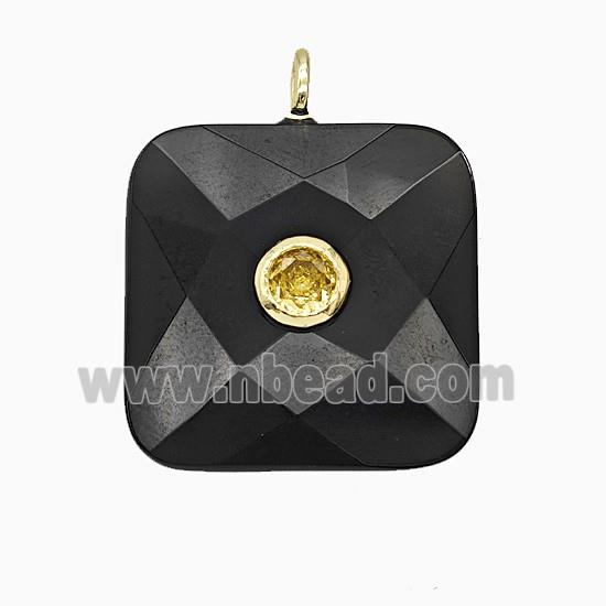 Natural Black Obsidian Square Pendant Pave Zirconia Faceted