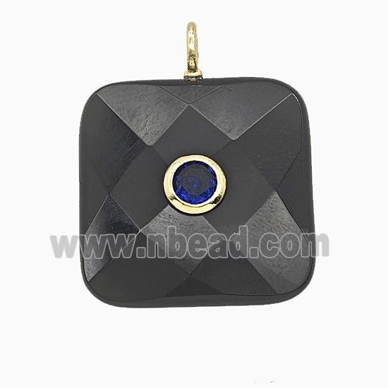 Natural Black Obsidian Square Pendant Pave Zirconia Faceted