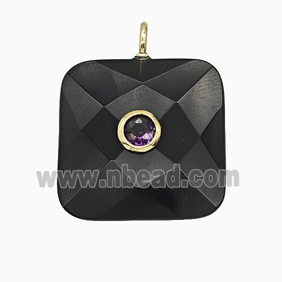 Natural Black Obsidian Square Pendant Pave Zirconia Faceted