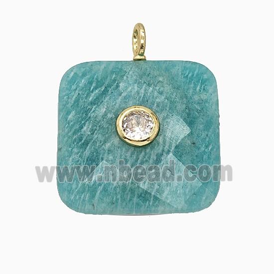 Natural Green Amazonite Square Pendant Pave Zirconia Faceted