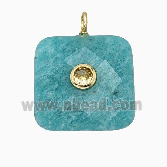 Natural Green Amazonite Square Pendant Pave Zirconia Faceted