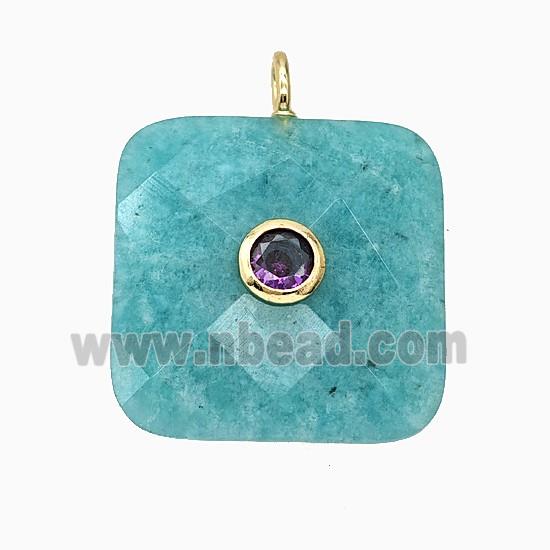 Natural Green Amazonite Square Pendant Pave Zirconia Faceted