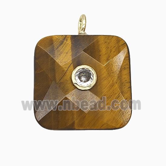 Natural Tiger Eye Stone Square Pendant Pave Zirconia Faceted