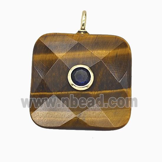 Natural Tiger Eye Stone Square Pendant Pave Zirconia Faceted