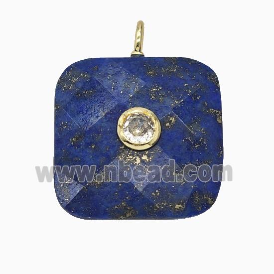 Natural Blue Lapis Lazuli Square Pendant Pave Zirconia Faceted