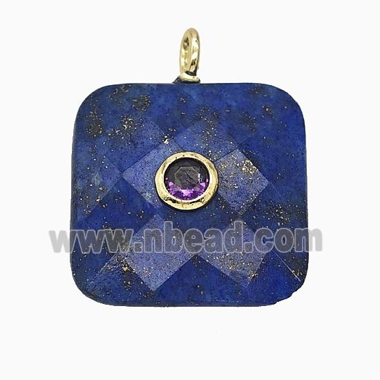 Natural Blue Lapis Lazuli Square Pendant Pave Zirconia Faceted