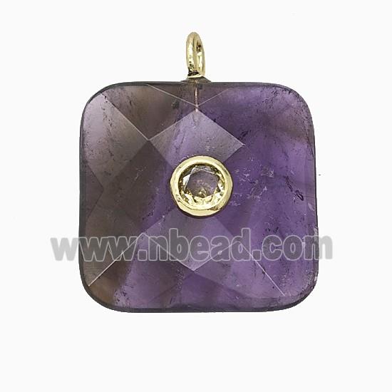 Natural Purple Amethyst Square Pendant Pave Zirconia Faceted