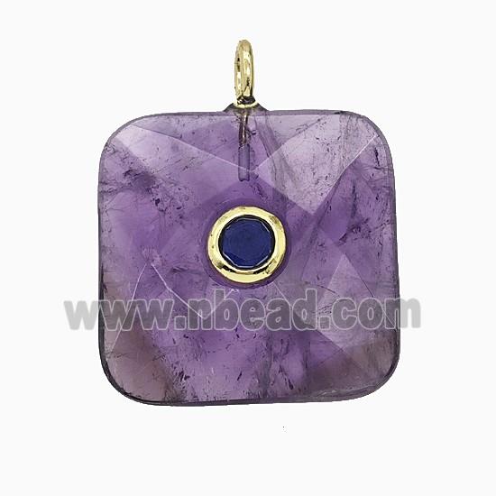 Natural Purple Amethyst Square Pendant Pave Zirconia Faceted