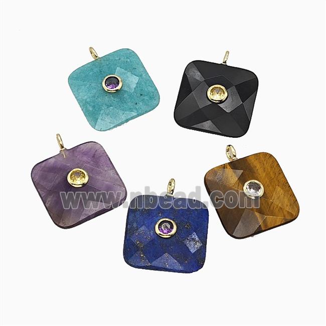Natural Gemstone Square Pendant Pave Zirconia Faceted Mixed