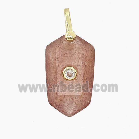 Natural Pink Strawberry Quartz Prism Pendant Pave Zirconia