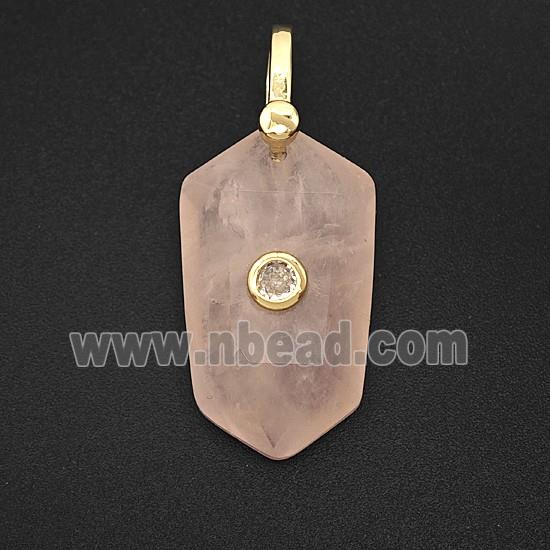 Natural Pink Rose Quartz Prism Pendant Pave Zirconia