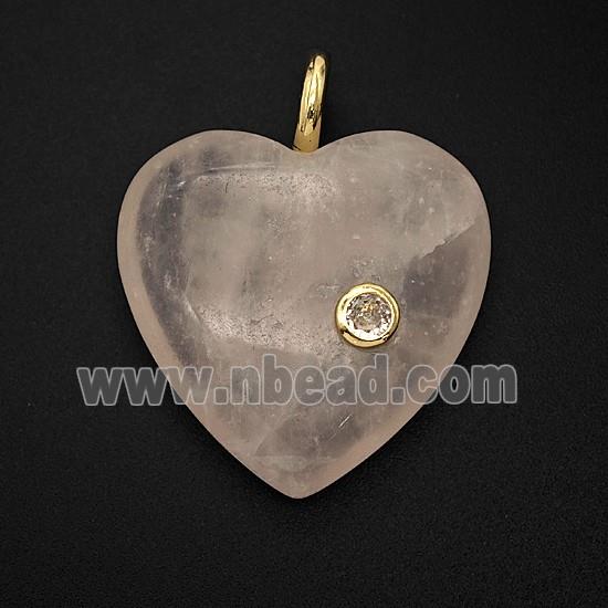 Natural Pink Rose Quartz Heart Pendant Pave Zirconia