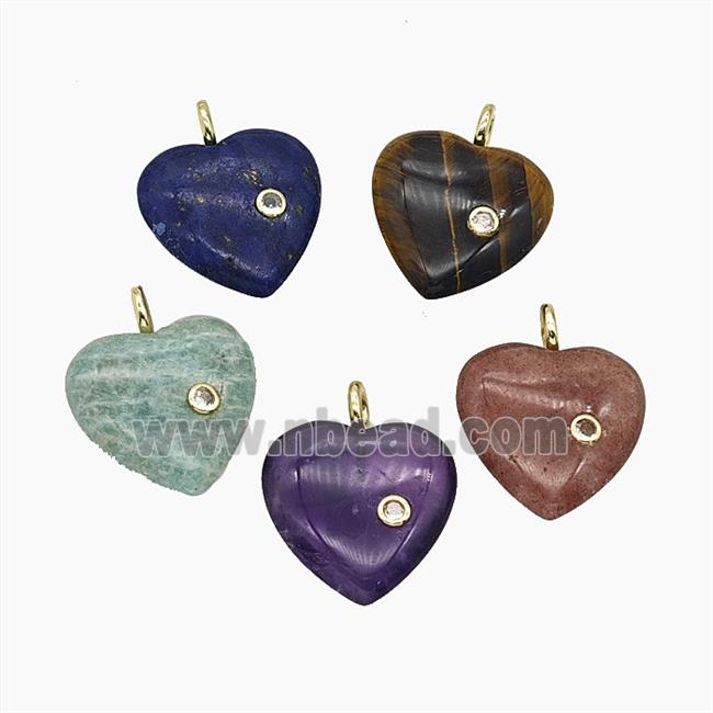 Natural Gemstone Heart Pendant Pave Zirconia Mix