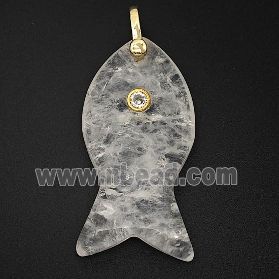 Natural Clear Crystal Quartz Fish Pendant Pave Zirconia