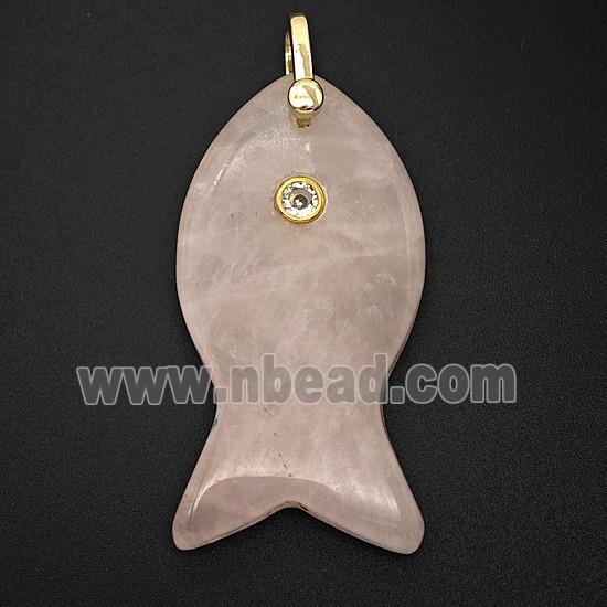 Natural Pink Rose Quartz Fish Pendant Pave Zirconia