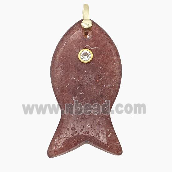 Natural Pink Strawberry Quartz Fish Pendant Pave Zirconia