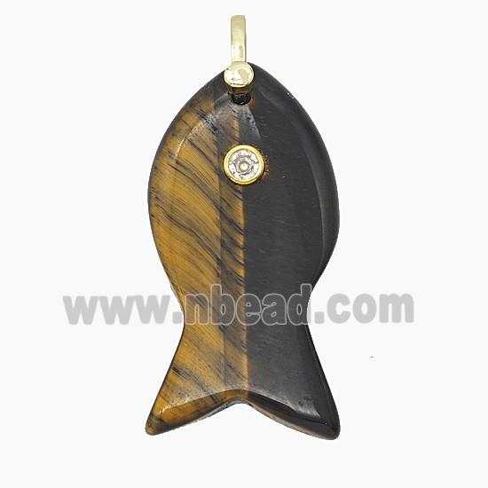 Natural Tiger Eye Stone Fish Pendant Pave Zirconia