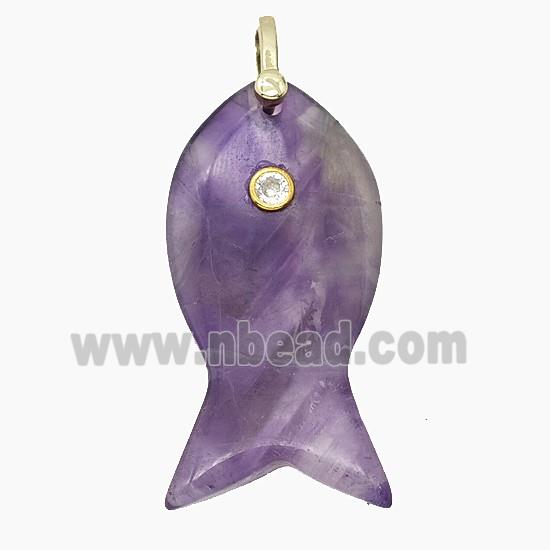Natural Purple Amethyst Fish Pendant Pave Zirconia