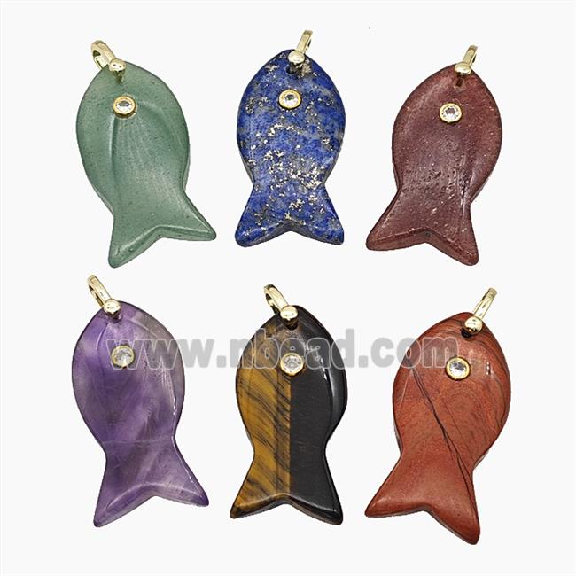 Natural Gemstone Fish Pendant Pave Zirconia Mix