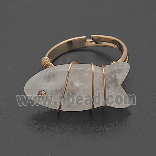 Clear Crystal Quartz Fish Copper Rings Wire Wrapped Gold Plated