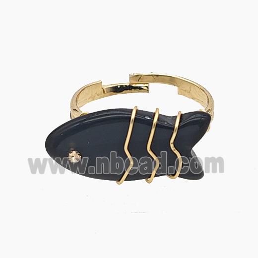 Black Obsidian Fish Copper Rings Wire Wrapped Gold Plated