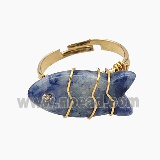 Blue Dalmatian Jasper Fish Copper Rings Wire Wrapped Gold Plated