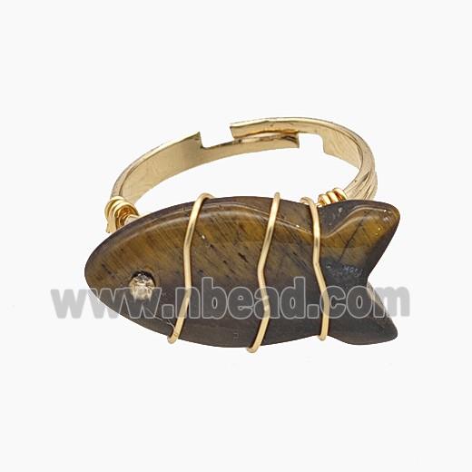 Tiger Eye Stone Fish Copper Rings Wire Wrapped Gold Plated