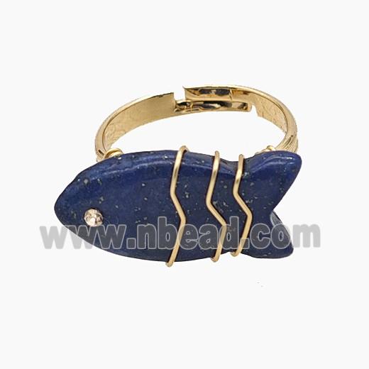 Blue Lapis Lazuli Fish Copper Rings Wire Wrapped Gold Plated