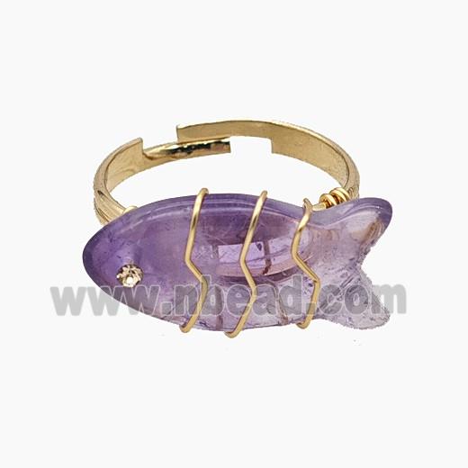 Purple Amethyst Fish Copper Rings Wire Wrapped Gold Plated