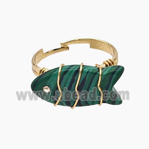 Synthetic Malachite Fish Copper Rings Wire Wrapped Gold Plated